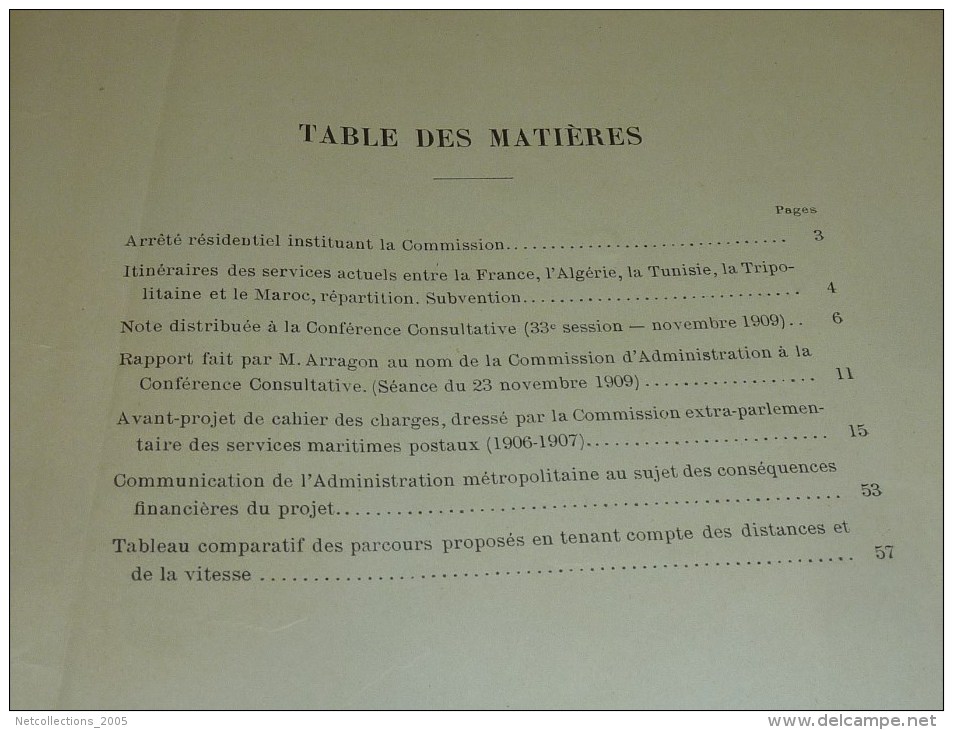 PROTECTORAT FRANCAIS gouvernement TUNISIEN - COMMISSION DES SERVICES MARITIMES POSTAUX 1910
