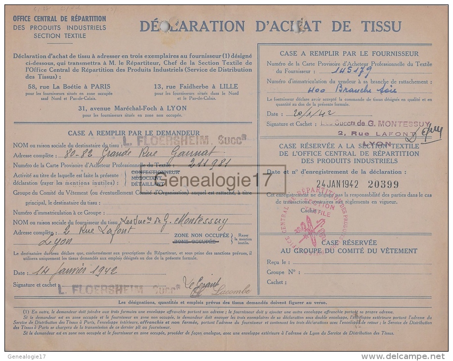 69 3884 LYON RHONE 1942 DECLARATION D ACHAT DE TISSU ( Rationnement ) OFFICE CENTRAL DE REPARTITION Mr G. MONTESSUY - 1939-45