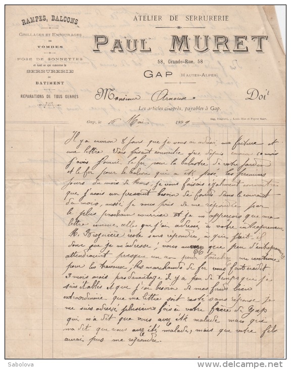 4 Factures   1899   Paul MURET Serrurerie  GAP - Autres & Non Classés