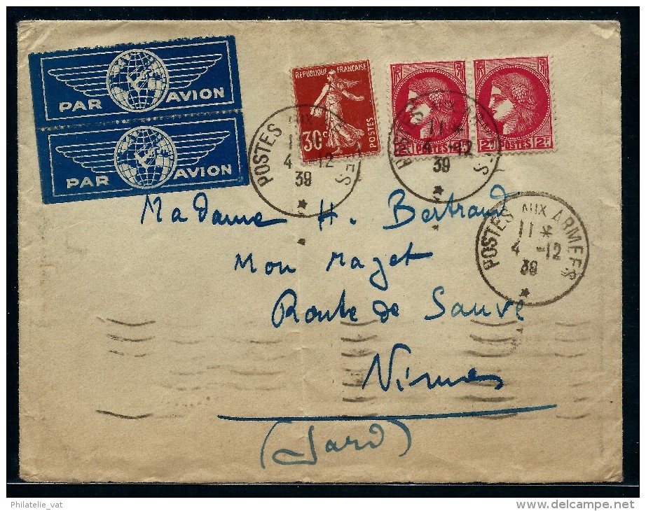 FRANCE- LETTRE PAR AVION  OBL POSTES AUX ARMEES EN 1939 POUR NIMES   A ETUDIER    A VOIR  LOT P2243 - WW II