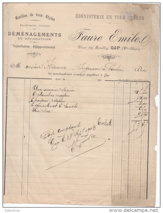 2 Factures  2 Modèles 1903 Et 1901  Emile FAURE GAP ébenisterie Menuiserie - Other & Unclassified