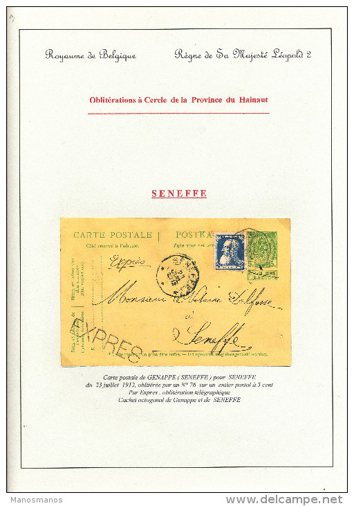 354/23 - Entier Armoiries + TP Grosse Barbe En EXPRES - Cachet Télégraphique GENAPPE 1912 Vers Dito SENEFFE - Tarjetas 1909-1934