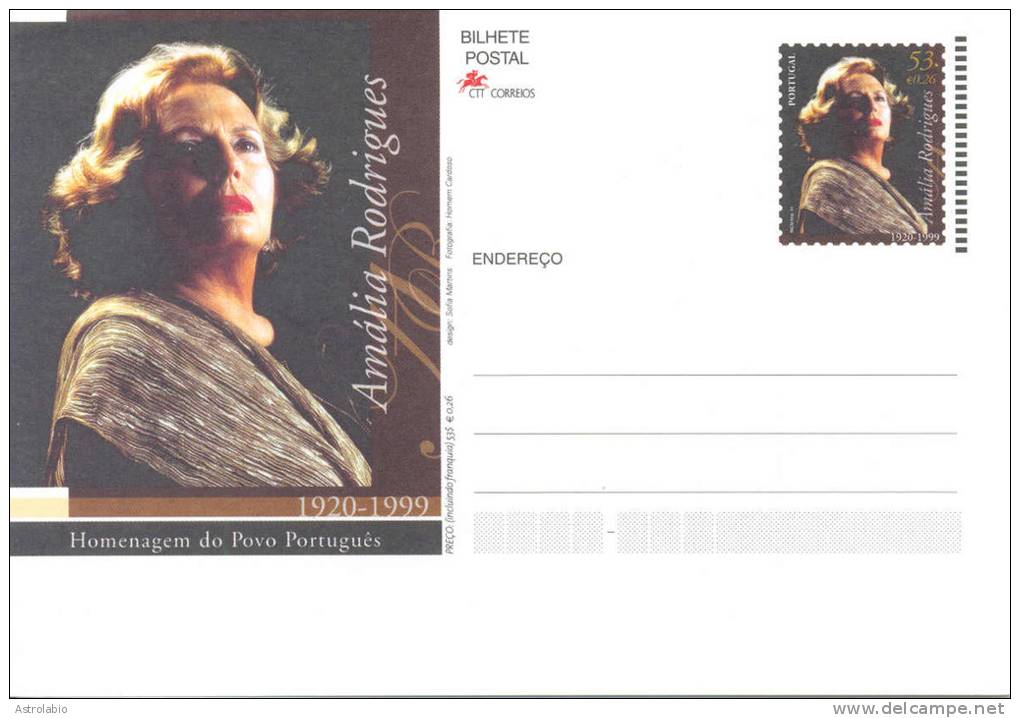 Portugal 1999 " Amalia Rodrigues Chanteur De Fados " Entier Postal - Chanteurs