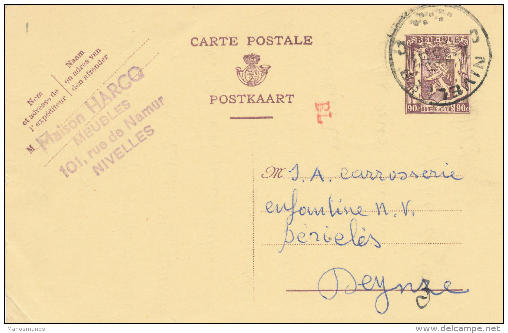 366/23 - Entier Sceau Etat NIVELLES 1951 - Cachet Privé Maison Harcq , Meubles - Cartes Postales 1934-1951