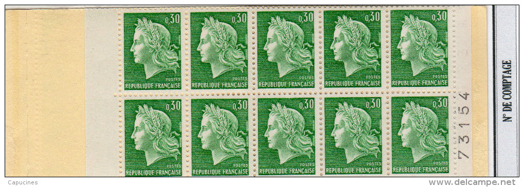 MARIANNE DE CHEFFER - Carnet De 20T Du 0,30Fvert TD (N° 1536A-C1**)  "avec N° Carnet" - 1967-1970 Marianne De Cheffer