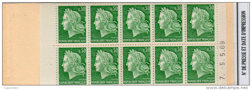 MARIANNE DE CHEFFER - Carnet De 20T Du 0,30Fvert TD (N° 1536A-C1**)  "avec Date En Marge - 1967-1970 Marianne De Cheffer