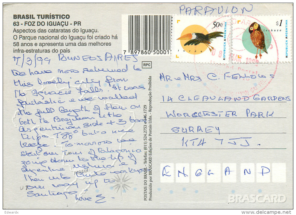 Foz Do Iguazu, Argentina Postcard Posted 1999 Stamp - Argentina