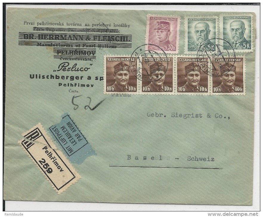 TCHECOSLOVAQUIE - 1945 - ENVELOPPE RECOMMANDEE Par AVION De PEHLRIMOV Pour BASEL (SUISSE) - Brieven En Documenten