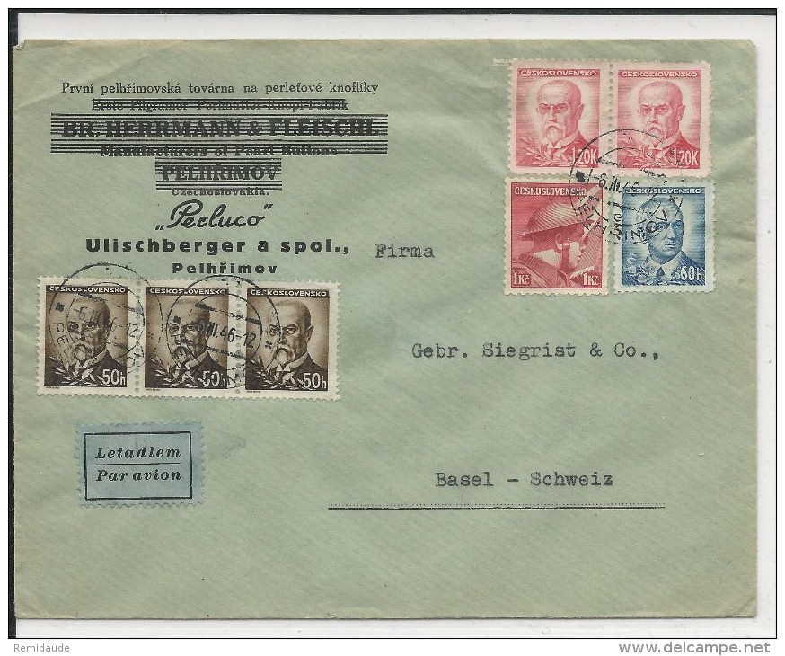 TCHECOSLOVAQUIE - 1946 - ENVELOPPE Par AVION De PEHLRIMOV Pour BASEL (SUISSE) - Lettres & Documents