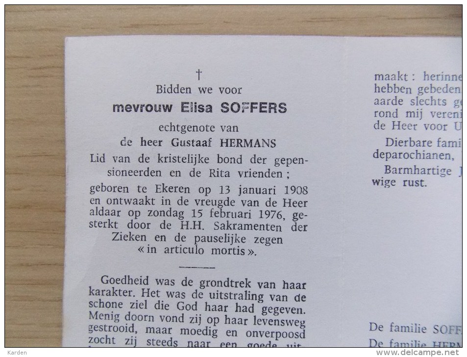 Doodsprentje Elisa Soffers Ekeren 13/1/1908 - 15/2/1976 ( Gustaaf Hermans ) - Religione & Esoterismo