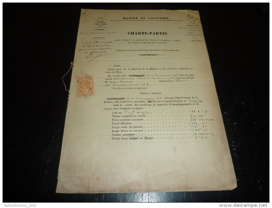 COMPAGNIE NAVIGATION FRAISSINET - CHARTE PARTIE POUR LE TRANSPORT DE MATERIEL DE TOULON A HAIPHONG (tonkin) - Other & Unclassified