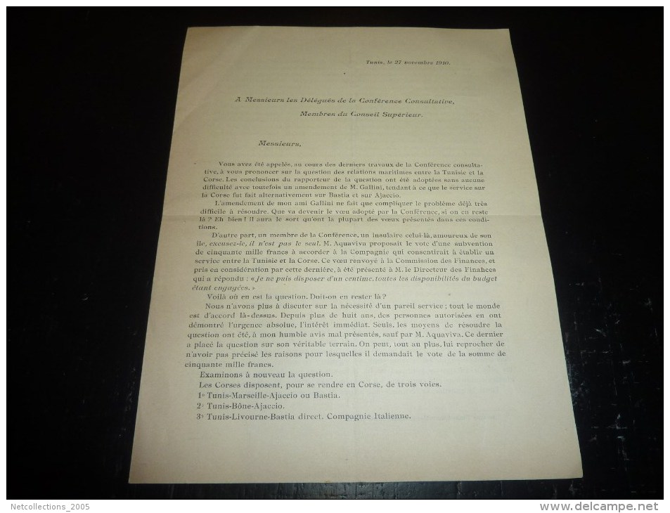 LETTRE IMPRIME DU 27/11/1910 - ADRESSE AUX DELEGUES DE LA CONFERENCE CONSULTATINE POUR LES LIAISONS MARITIMES - Other & Unclassified