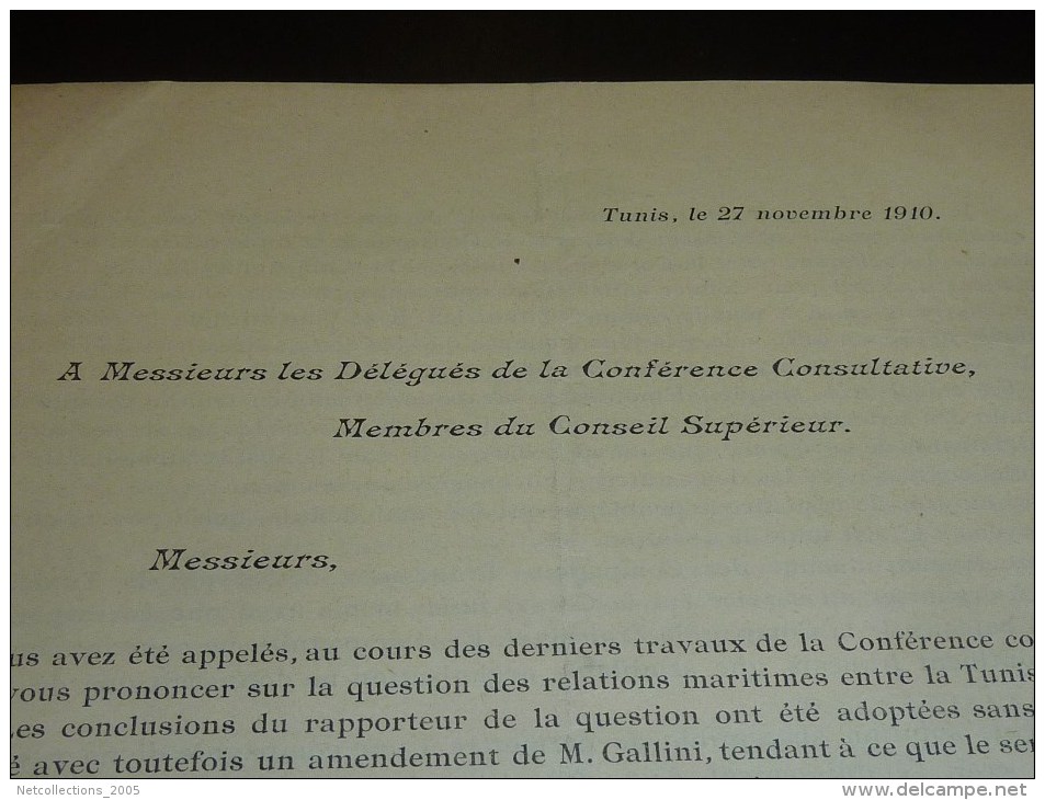 LETTRE IMPRIME DU 27/11/1910 - ADRESSE AUX DELEGUES DE LA CONFERENCE CONSULTATINE POUR LES LIAISONS MARITIMES - Other & Unclassified