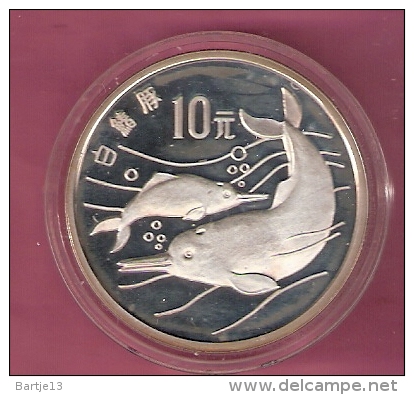 CHINA 10 YUAN 1988 AG PROOF DOLPHINS 35.000 PCS  SPOTS ONLY ON CAPSEL - Chine