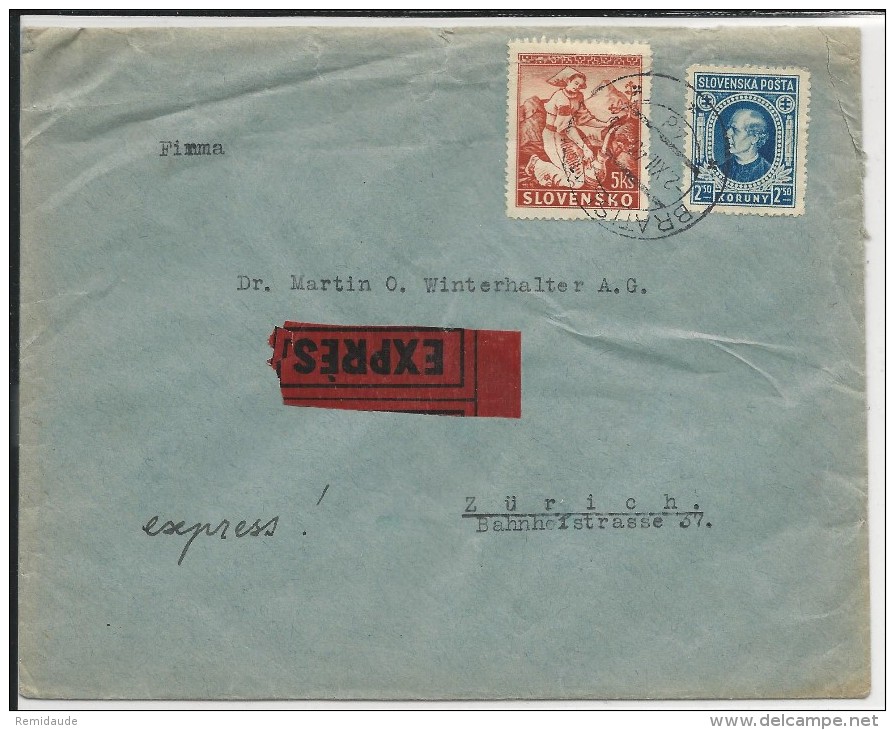 SLOVAQUIE - 1940 - ENVELOPPE De BRATISLAVA Par EXPRES Pour ZÜRICH (SUISSE) - Storia Postale