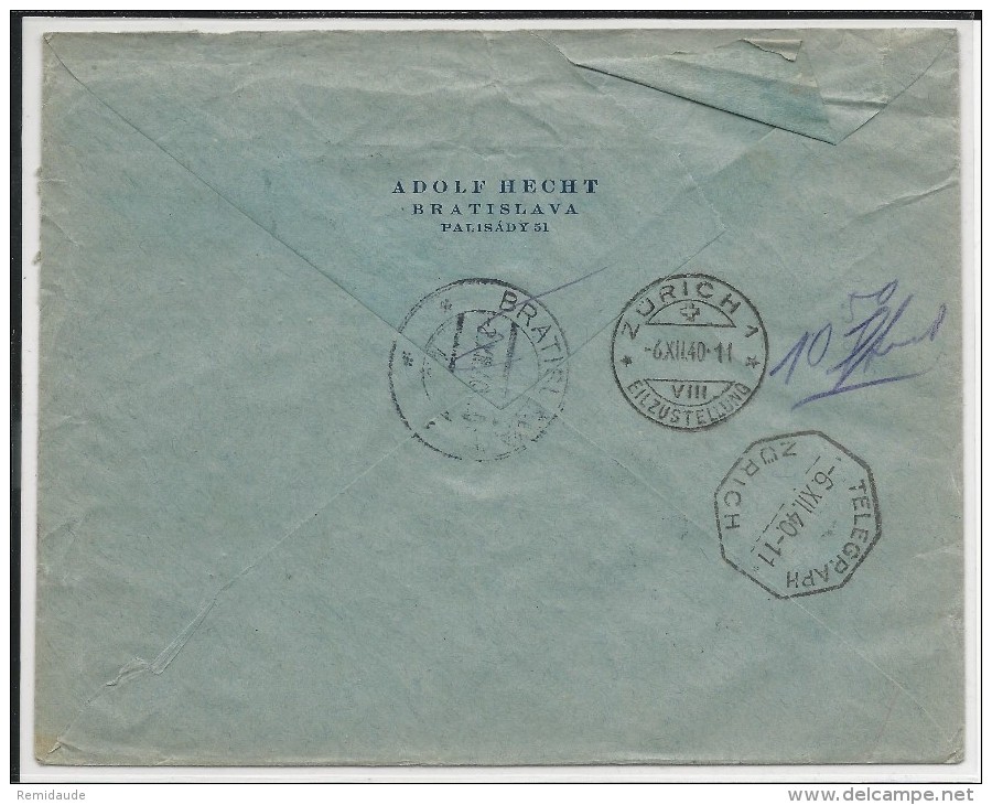 SLOVAQUIE - 1940 - ENVELOPPE De BRATISLAVA Par EXPRES Pour ZÜRICH (SUISSE) - Covers & Documents