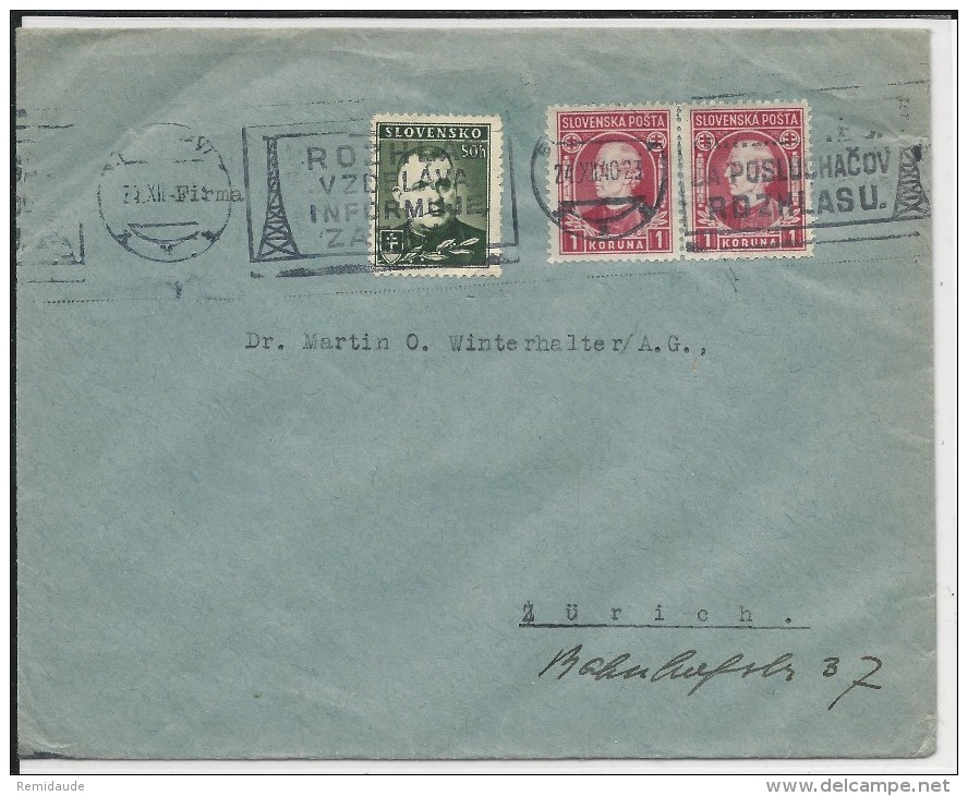 SLOVAQUIE - 1940 - ENVELOPPE De BRATISLAVA Avec MECA Pour ZÜRICH (SUISSE) - Storia Postale