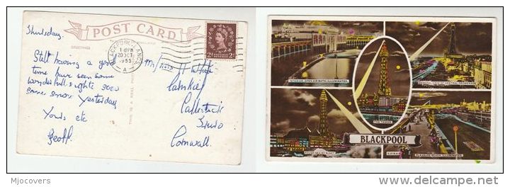 1955 Blackpool GB Stamps COVER (postcard BLACKPOOL Illuminations Tower, Beach) - Blackpool