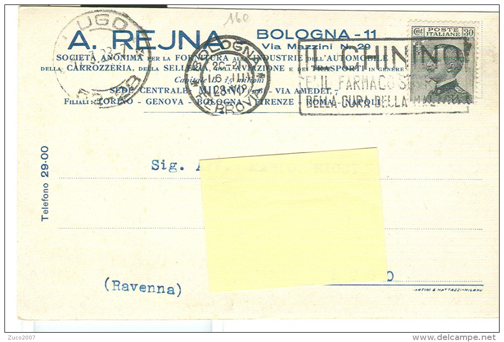 REJNA,BOLOGNA, CARTOLINA COMMERCIALE VIAGGIATA 1928, POSTE BOLOGNA TARGHETTA CHININO,LUGO ,RAVENNA - Bologna