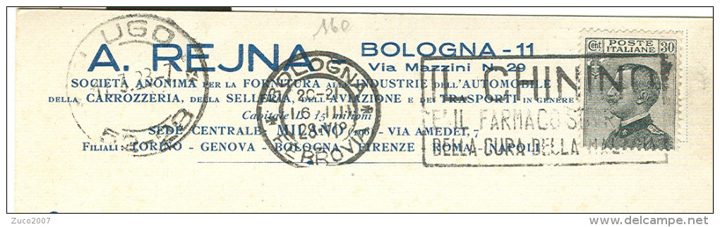 REJNA,BOLOGNA, CARTOLINA COMMERCIALE VIAGGIATA 1928, POSTE BOLOGNA TARGHETTA CHININO,LUGO ,RAVENNA - Bologna