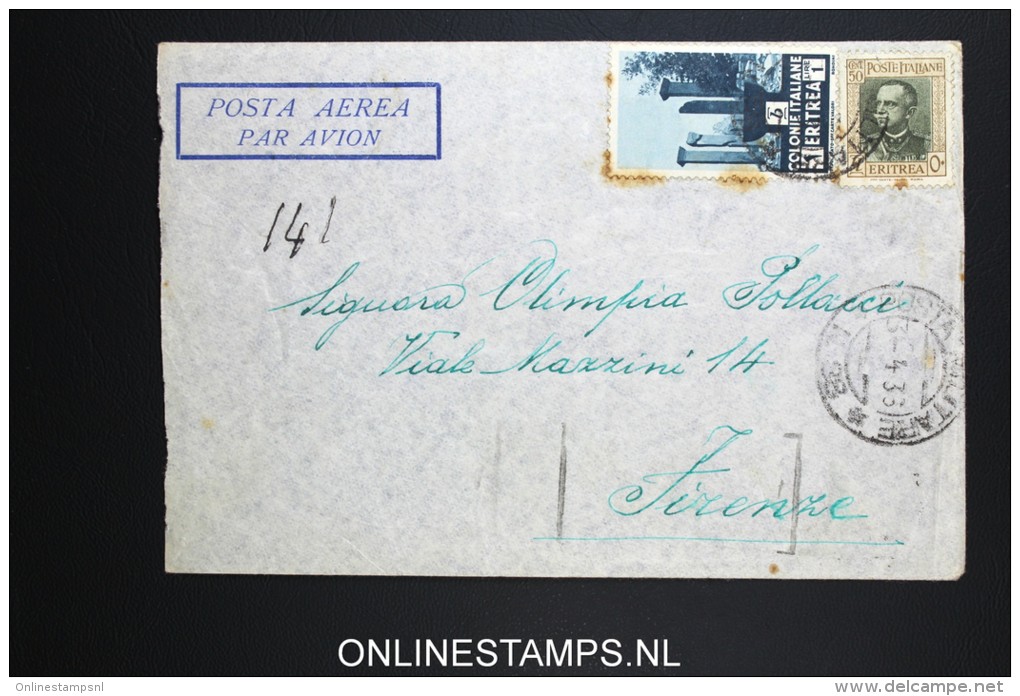 Italy: Eritrea Airmail 1 Cover 1933 To Firenze Mixed Stamps - Eritrea