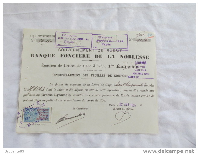 BANQUE FONCIERE DE LA NOBLESSE RECU DIVISIONNAIRE LETTRES DE GAGE - Russie