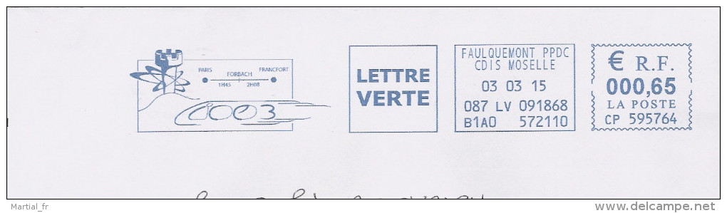 EMA RED METER STAMP ABSENDER FREISTEMPEL AFS LORRAINE MOSELLE TRAIN TRENO ZUG TGV ICE DUREE TEMPS PARIS FORBACH TOUR - Trains