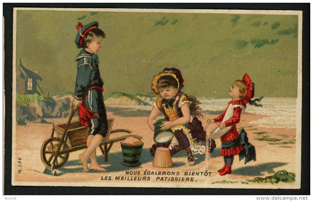 Jolie Chromo Dorée Lith. Laas, Jeunes Enfants, Plage, Pâtés De Sable, Sans Publicité - Louit