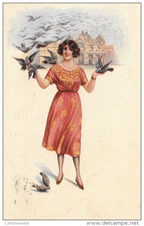 [DC5433] CARTOLINA - ILLUSTRATA - READY FOR FLIGHT - DONNA CON COLOMBI - Viaggiata - Old Postcard - Femmes