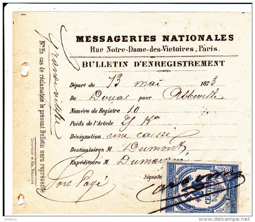 Messageries Nationales - Rue Notre-Dame-des-Victoires, Paris - Bulletin D´enregistrement - Départ Du 13 Mai 1873 - 1800 – 1899