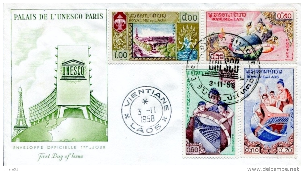 FDC Du 03-11-1958,  4 Timbres "UNESCO, Paris" (Vientiane, Laos) - Laos