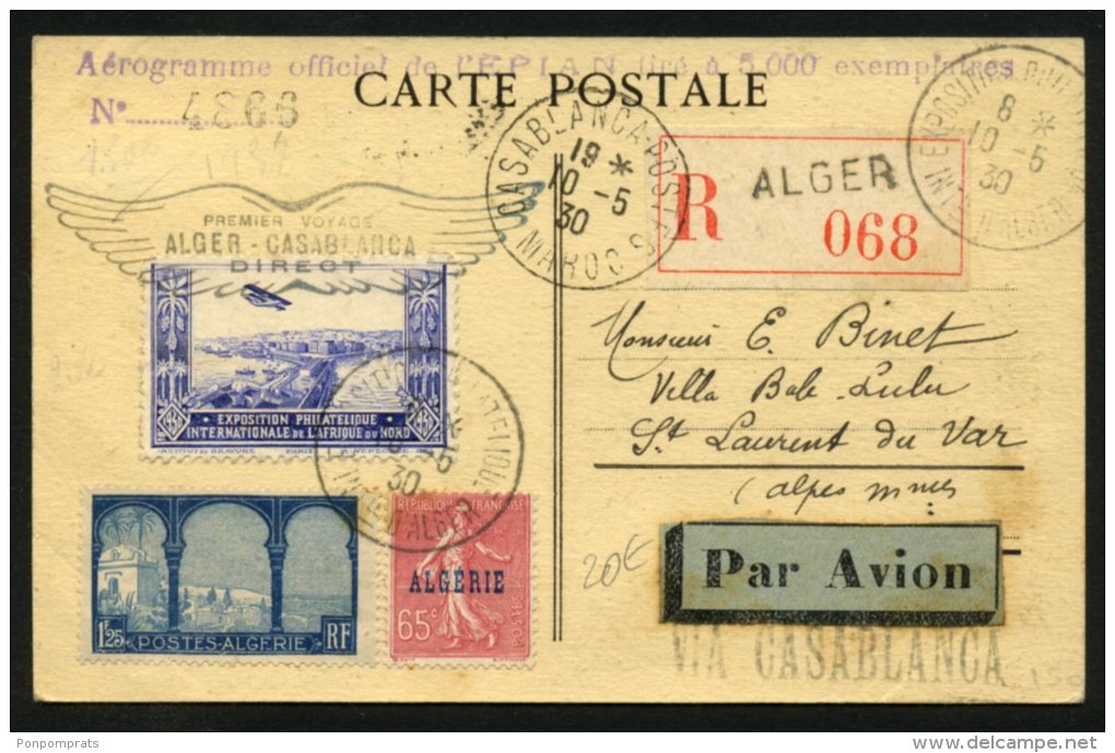 ALGERIE Carte Postale Par AVION 1° Service ALGER-CASABLANCA Direc Oblt EXPOSITION PHILATELIQUE INTle D'ALGER Afrt 2 Timb - 1960-.... Lettres & Documents