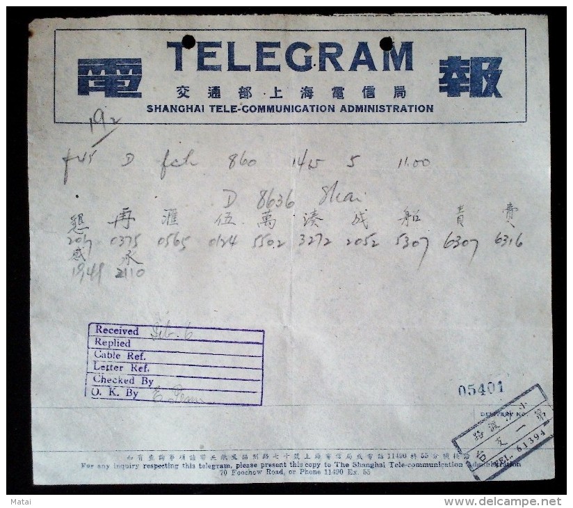 CHINA CHINE  1946 TELEGRAM SHANGHAI TELE- COMMUNICATION - Altri & Non Classificati