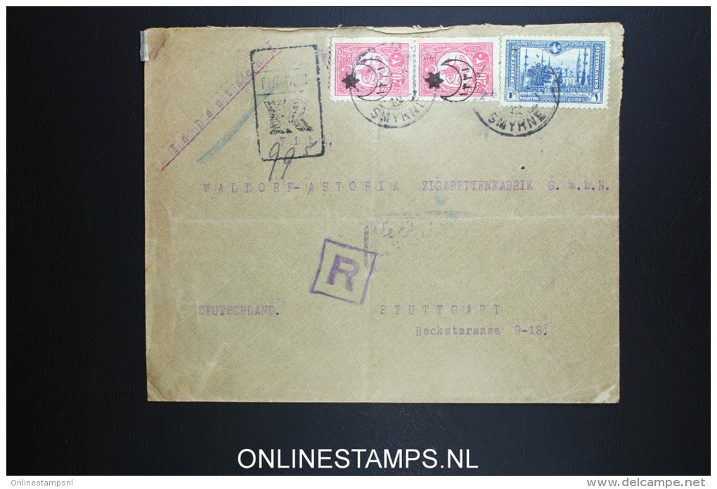 Turkey:  Registered Cover Smyrne To Waldorf Astoria Stuttgart Germany, 1916, Mixed Stamps With Seal - Lettres & Documents