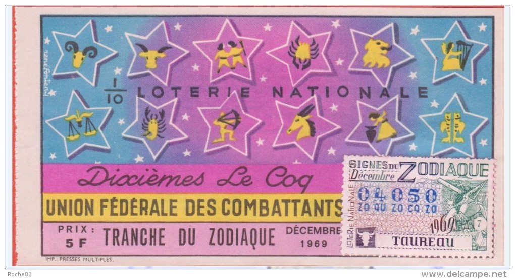 Loterie Nationale 1969 - Spéciale Zodiaque Décembre 1/10 - Le Coq - Timbre TAUREAU - Billets De Loterie