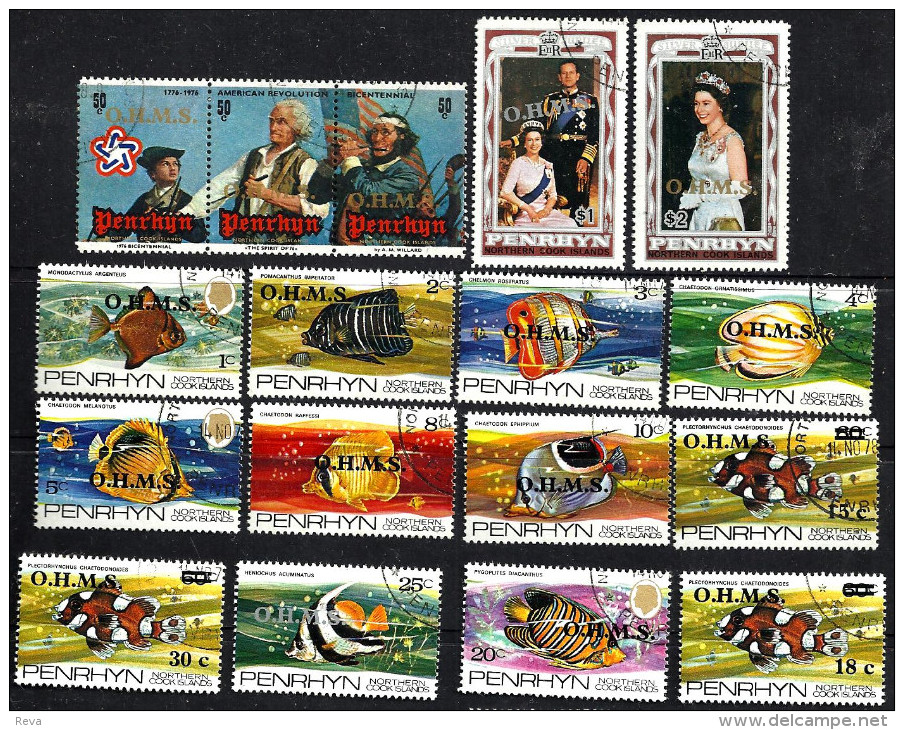 COOK ISLANDS PENRHYN FISHES QEII USA INDE. 3 SETS O/P OHMS & SOME NEW VALUES 1980S(?) SG501-17 CTO READ DESCRIPTION !! - Penrhyn