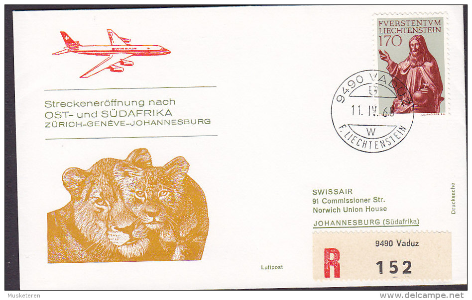 Liechtenstein Registered Recommandé VADUZ Label 1968 1st Flight Premier Vol ZÜRICH GENEVE-JOHANNESBURG Lion Löwe Lion - Poste Aérienne