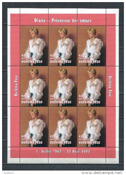 BURKINA FASO 1998 Mi # 1479 Princes Diana SHEET Of 9 MNH - Burkina Faso (1984-...)