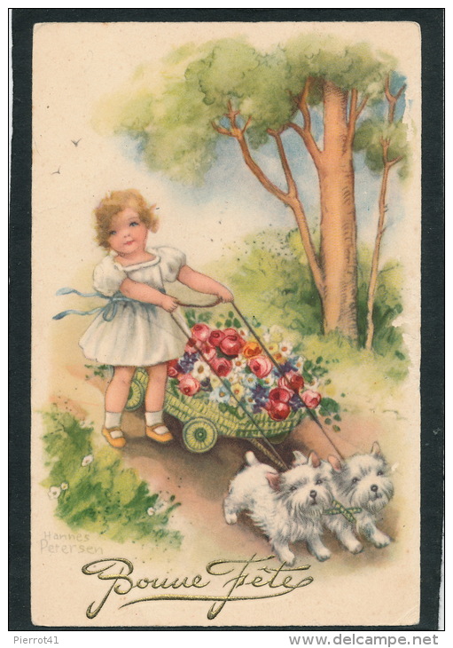 ENFANTS - DOGS -  Jolie Carte Fantaisie Fillette Avec Chiens Fleurs "Bonne Fête" Signée HANNES PETERSEN - Petersen, Hannes