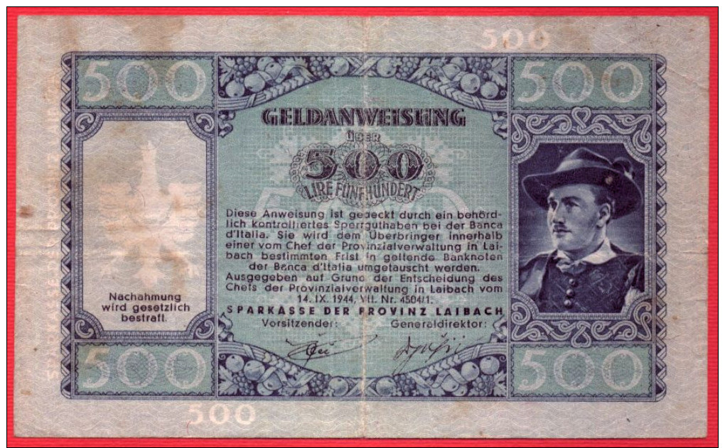 YUGOSLAVIA SLOVENIA 500 LIRE 1944 ITALY Occupation Of Ljubljana Region RARE - Joegoslavië