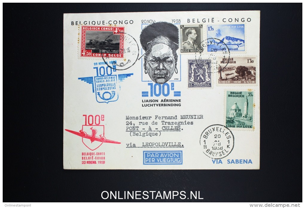 Belgium: Cover 1938 Brussels - Leopoldville Belgium Congo 1ooth Flight Mixed Stamps - Andere & Zonder Classificatie