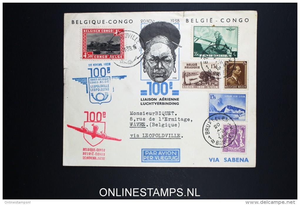 Belgium: Cover 1938 Brussels - Leopoldville Belgium Congo 1ooth Flight Mixed Stamps - Autres & Non Classés