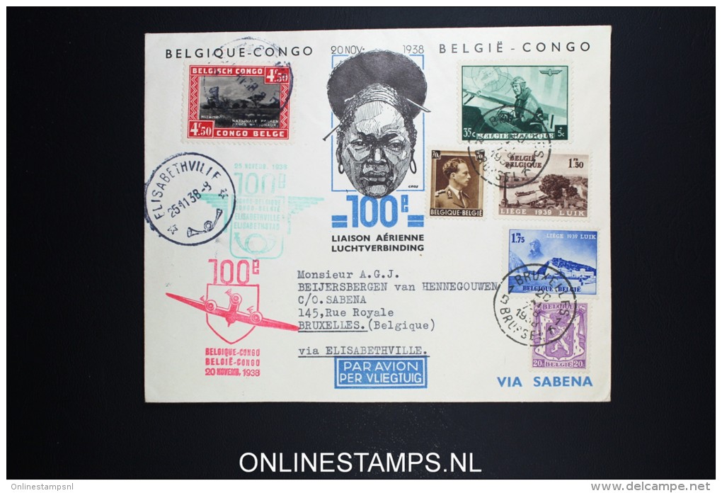 Belgium: Cover 1938 Brussels - Elisabethville Belgium Congo 1ooth Flight Mixed Stamps - Sonstige & Ohne Zuordnung