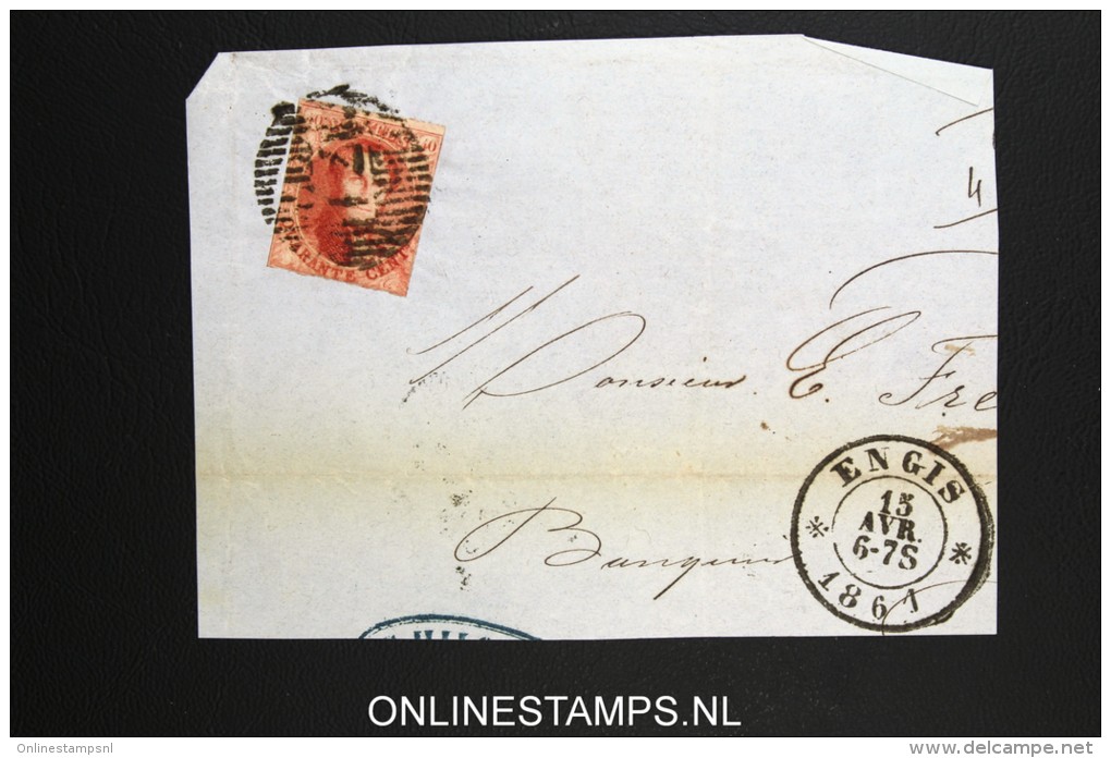 Belgium:c OBP 12 On Fragment Of Letter - 1858-1862 Medaillen (9/12)