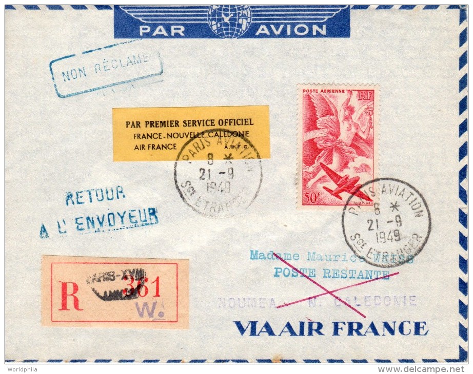 France-New Caledonie, Paris-Noumea 1949 Registered FFC / First Flight Cover "Air France" AF 14 - Airplanes