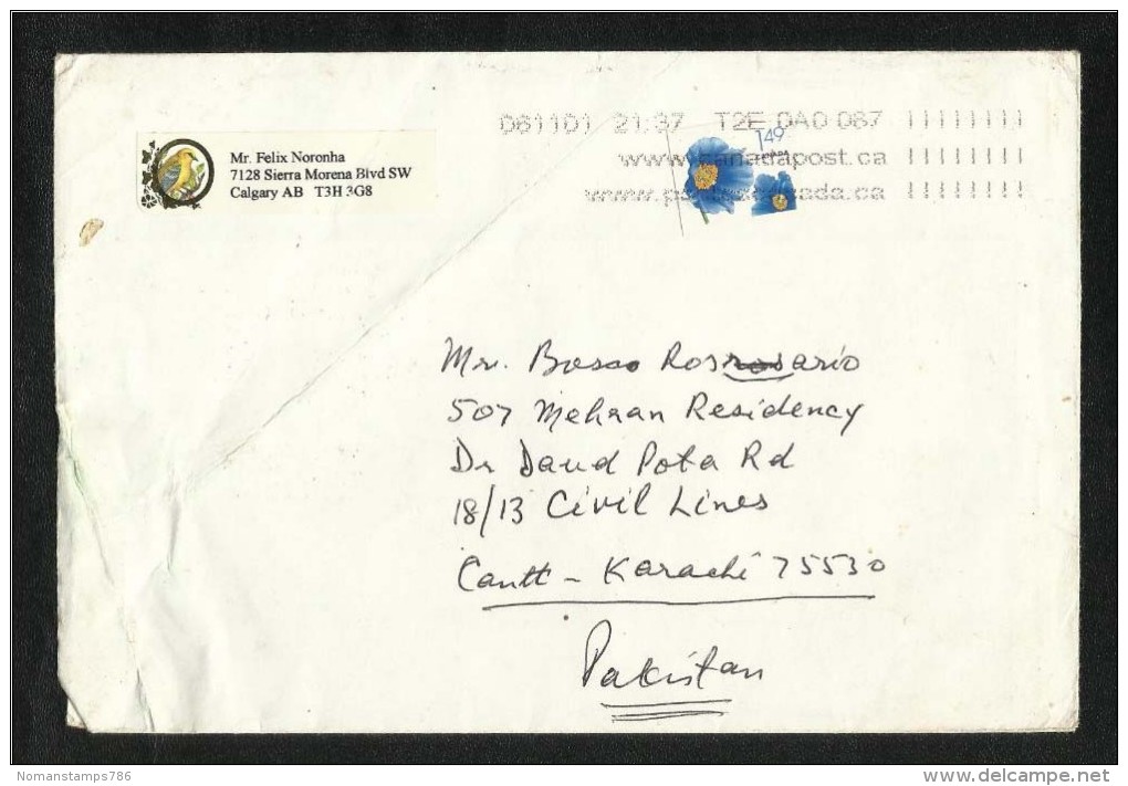 Canada  Air Mail Postal  Uesd Cover  Canada To Pakistan Flower Flowers - Autres & Non Classés