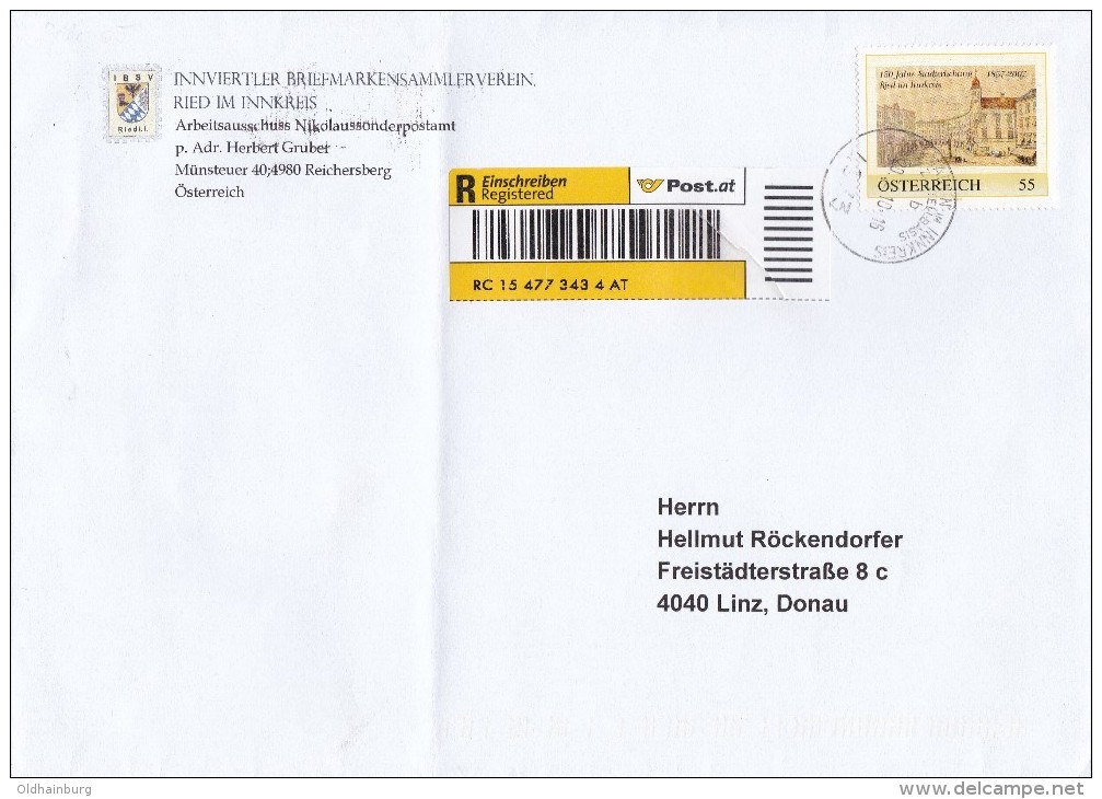 1311t: Personalisierte Briefmarke "Stadterhebung Ried Im Innkreis" Bedarfsbeleg Per Einschreiben - Francobolli Personalizzati