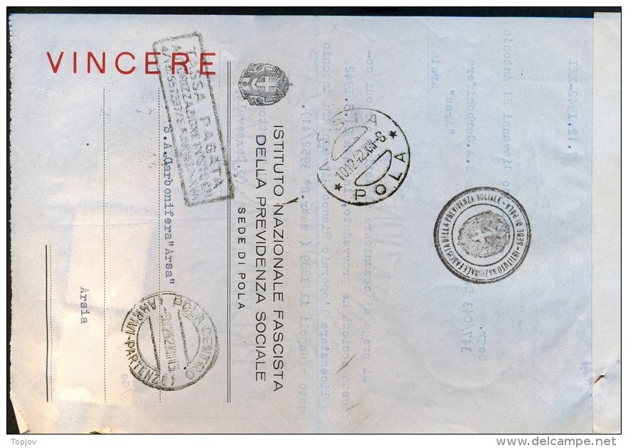 ITALIA - CROATIA - CERTIFICATO ISTITUTO FASCISTA - Comune Di POLA - Risposta Bolo - Complet. - 1942 - RARE - Revenue Stamps