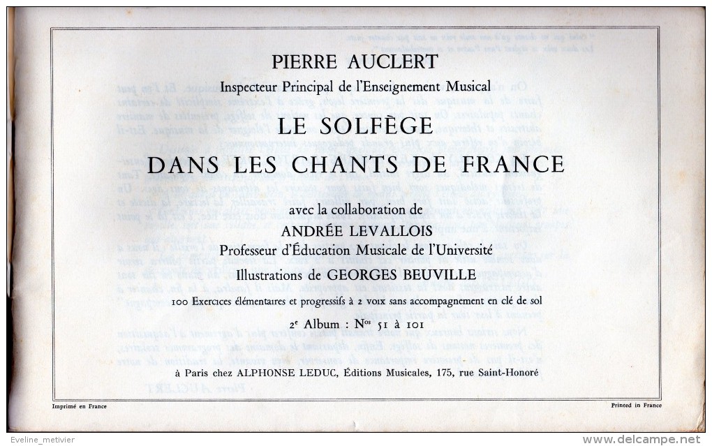 LE SOLFEGE DANS LES CHANTS DE FRANCE 1967 P. AUCLERT & A  LEVALLOIS - Objets Dérivés