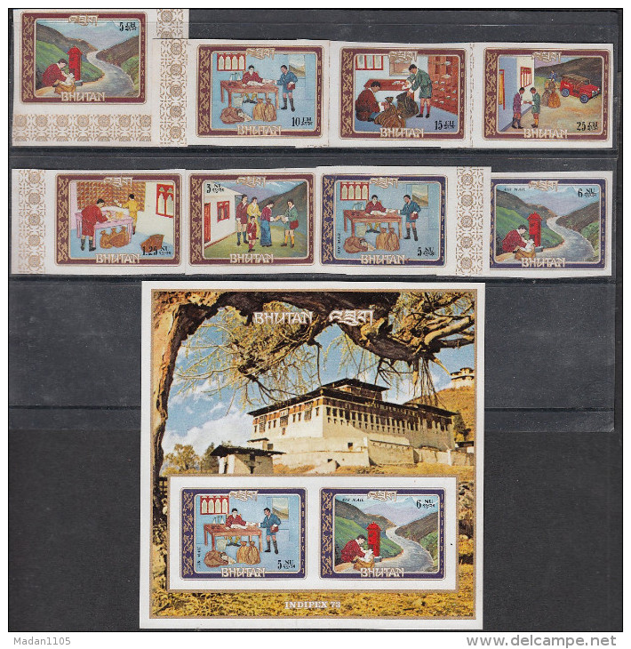 BHUTAN,1973, Indipex Philatelic Exhibition, 8v Complete Set & MS (IMPERFORATED), Postal Services,MNH(**) - Esposizioni Filateliche